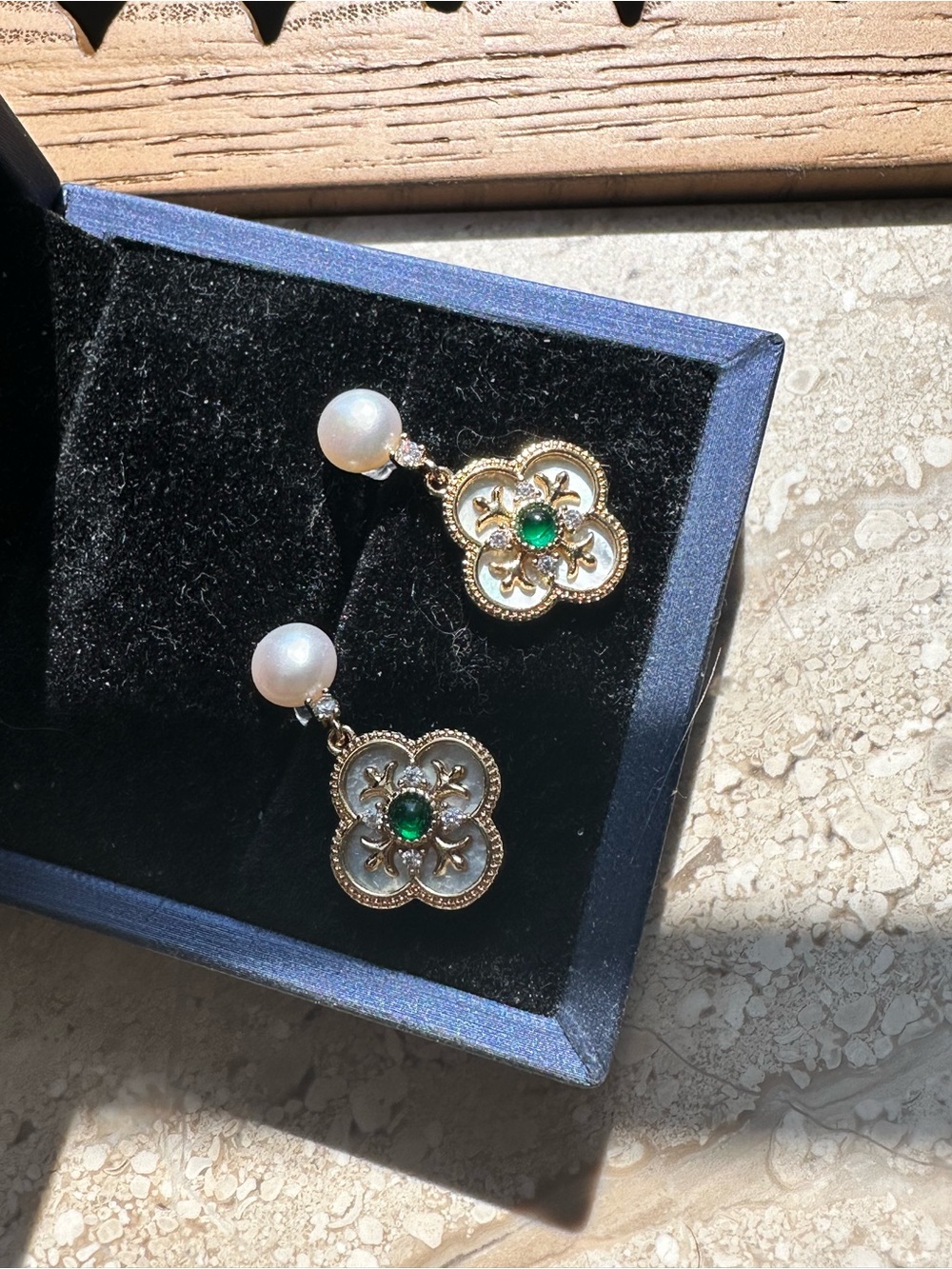 Genuine Pearl Drop Earrings with Green Gemstone Accent